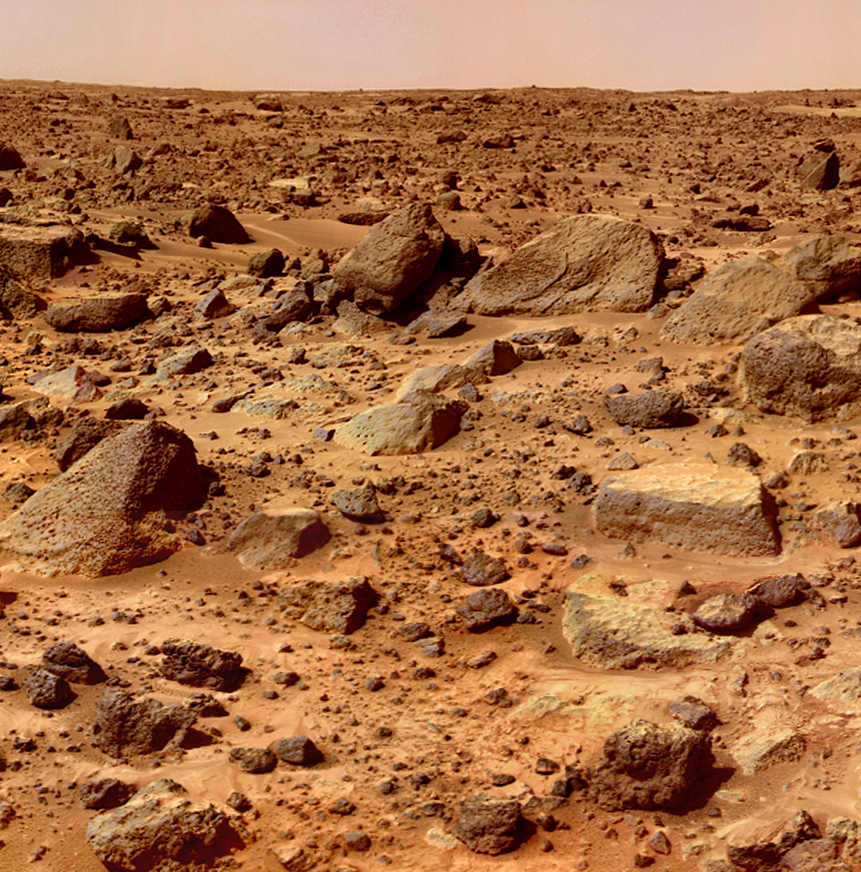 Rock-strewn surface imaged by Mars Pathfinder